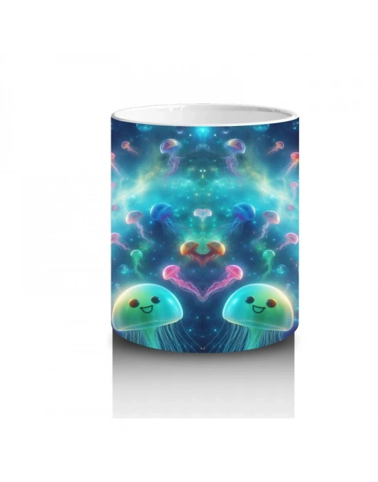 Çocuklara Sütü Sevdiren Uzayda Uçan Ayıcıklar ve Işıltılı Deniz Canlıları Desenli Kupa Bardak