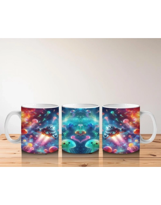 Çocuklara Sütü Sevdiren Uzayda Uçan Ayıcıklar ve Işıltılı Deniz Canlıları Desenli Kupa Bardak