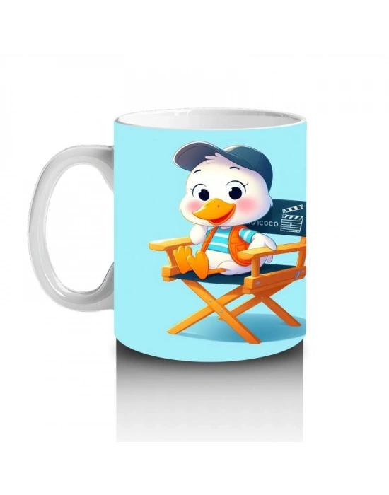 Çocuklara Sütü Sevdiren Yönetmen Sandalyesinde Oturan Sevimli Ördek Desenli Kupa Bardak