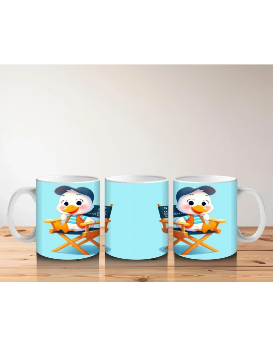 Çocuklara Sütü Sevdiren Yönetmen Sandalyesinde Oturan Sevimli Ördek Desenli Kupa Bardak