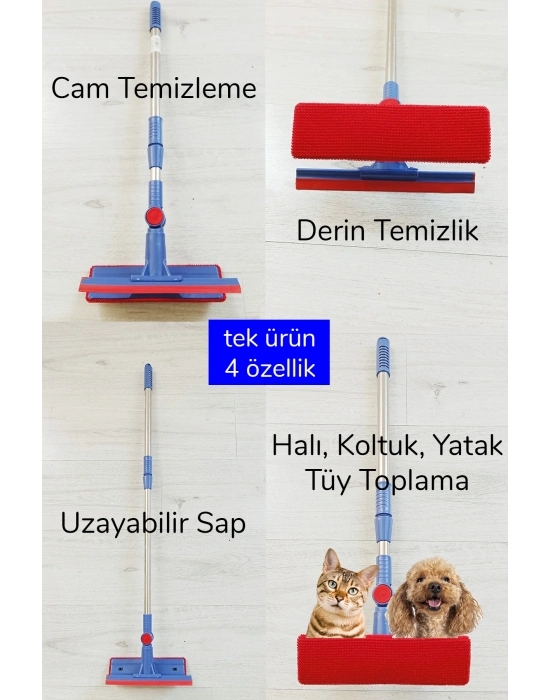 Çok Amaçlı Cam Silme Fırçası - Silikon Uçlu Çekçek - Tüy Toplayıcı Döner Başlıklı