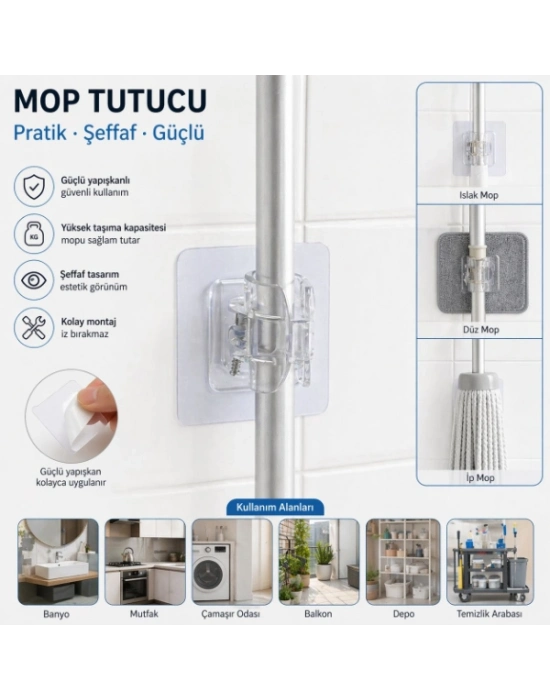 Çok Amaçlı Kıskaçlı Yapışkanlı Kablo ve Mop Tutucu