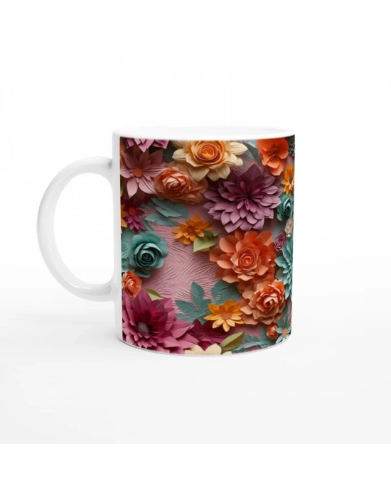 Çok Renkli Gül ve Bahar Çiçekleri Desenli Kupa Bardak