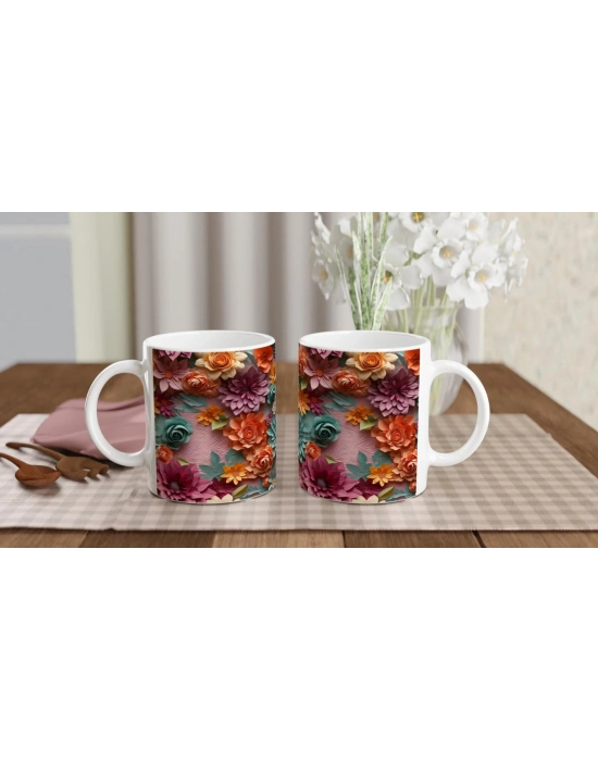 Çok Renkli Gül ve Bahar Çiçekleri Desenli Kupa Bardak