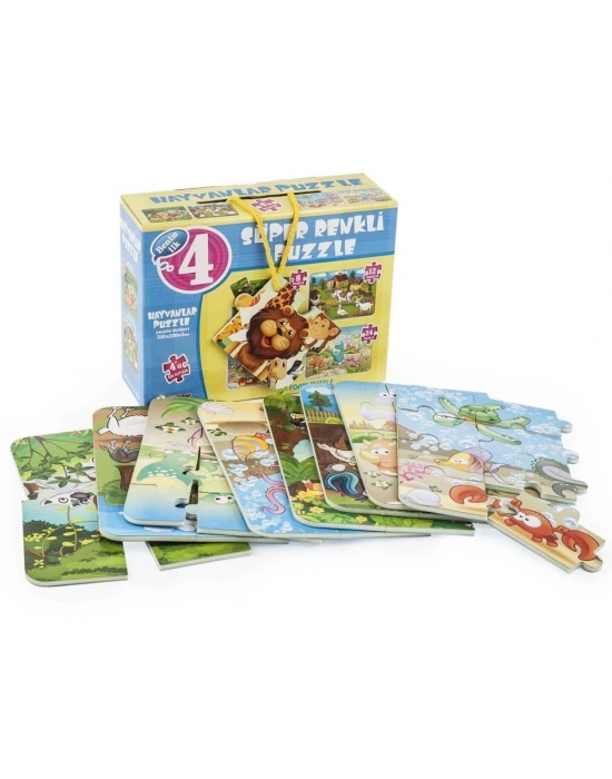 ÇOK SATAN 1481 DıyToy Süper Renkli 4lü Puzzle - Hayvanlar / 8+12+16+24 Parça Puzzle