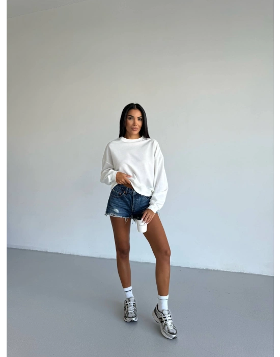 2 iplik bisiklet yaka sweat beyaz f2339