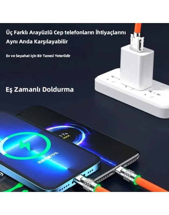 ÇOK SATAN 3 in 1 Type-C + Micro Usb + Lightning Hızlı Şarj Kablosu Silikon Kablo 1 Metre Opp Ambalaj