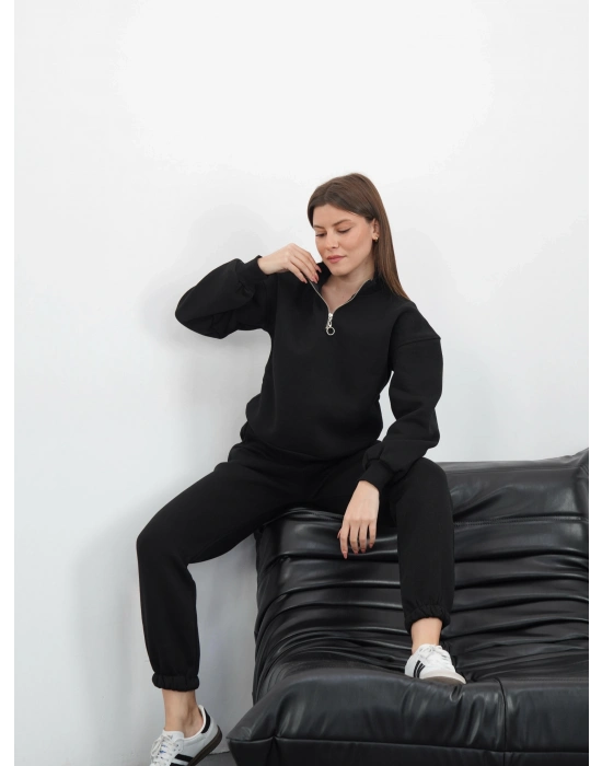 3 iplik içi Şardonlu yarım fermuarlı alt üst takım siyah