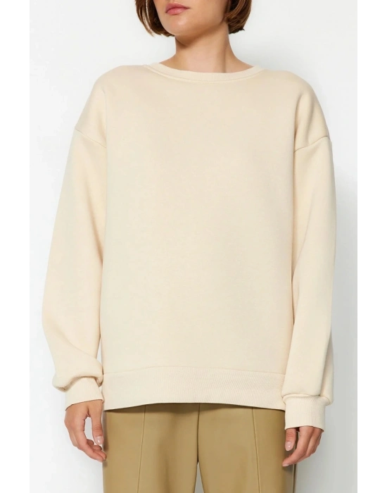 3 iplik şardonlu bisiklet yaka sweatshirt bej