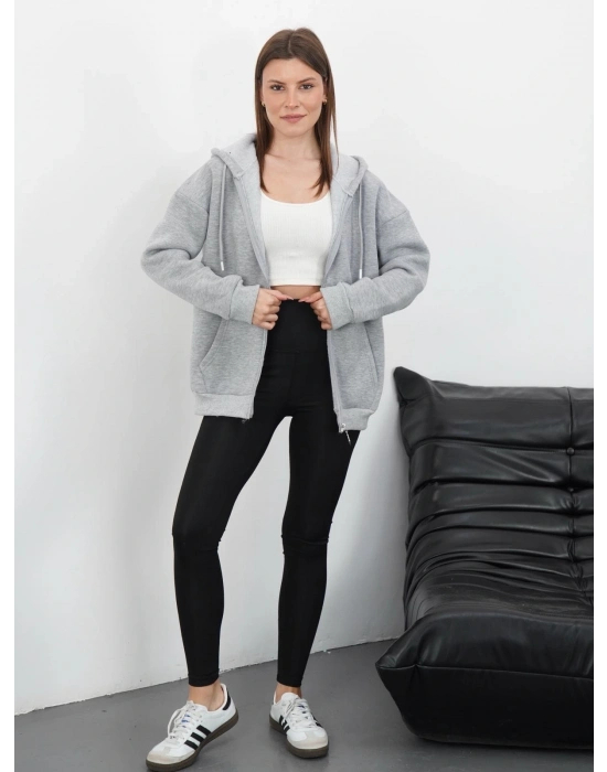 3 iplik şardonlu fermuarlı kapşonlu hırka gri