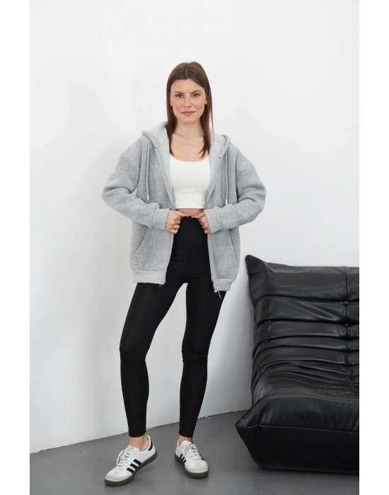 3 iplik şardonlu fermuarlı kapşonlu hırka gri