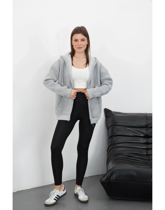 3 iplik şardonlu fermuarlı kapşonlu hırka gri