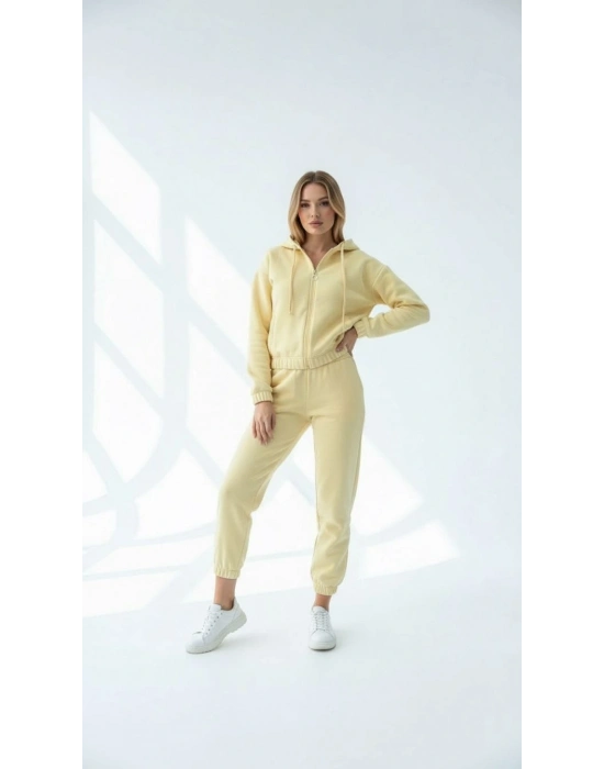 3 iplik şardonlu Kapşonlu fermuarlı kısa üst sarı pat8590