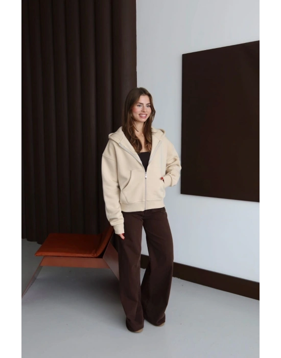 3 iplik şardonlu kapşonlu hoodie frm bej p510437