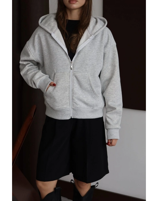 3 iplik şardonlu kapşonlu hoodie frm gri p510437