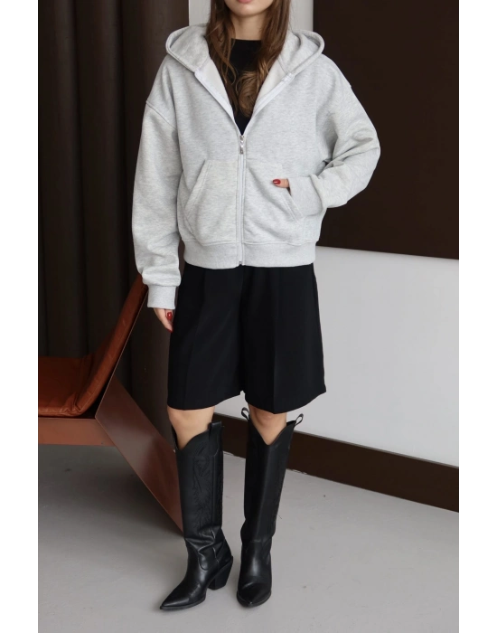 3 iplik şardonlu kapşonlu hoodie frm gri p510437