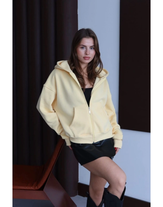 3 iplik şardonlu kapşonlu hoodie frm sarı p510437