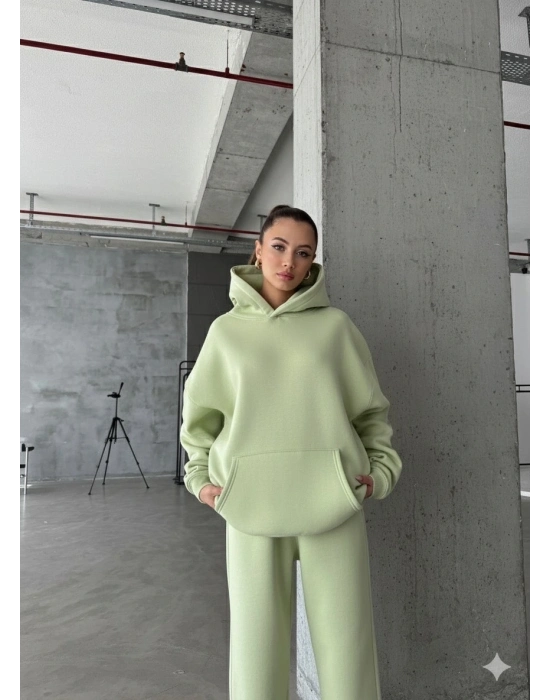 3 iplik şardonlu kapşonlu sweatshirt mint p510436