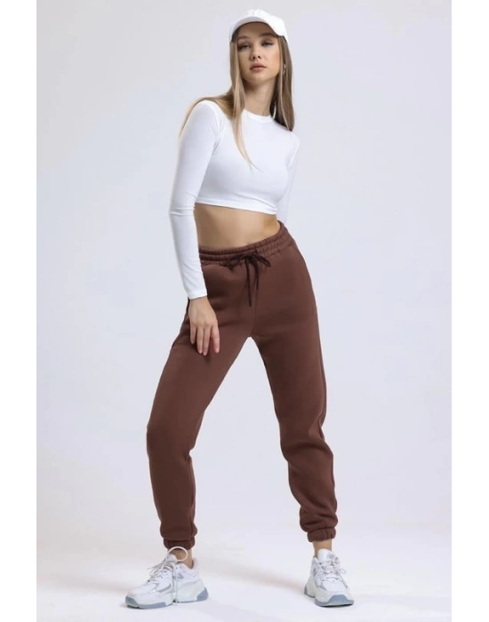 3 iplik şardonlu paça lastikli eşofman kahve is001