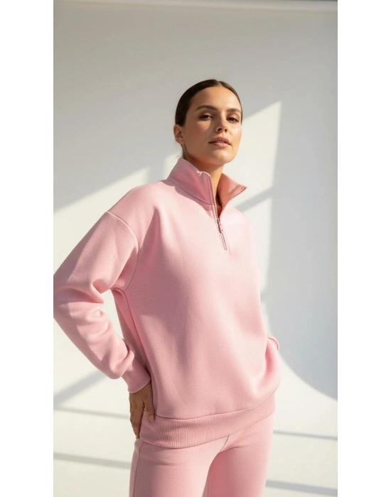 3 iplik Şardonlu yarım fermuarlı sweatshirt somon