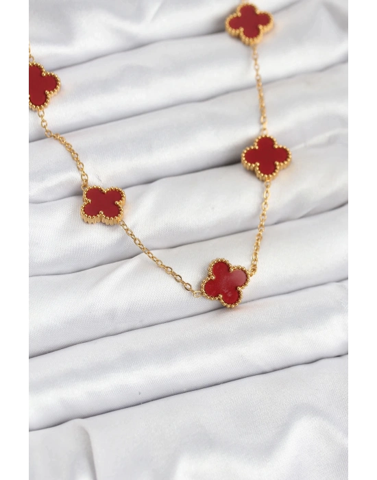 ÇOK SATAN 316L Çelik Gold Renk Zincir Bordo Yonca Kadın Kolye