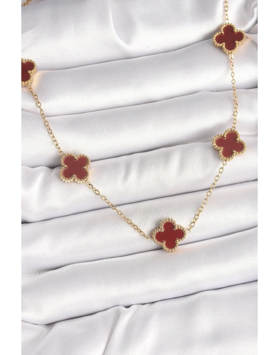 ÇOK SATAN 316L Çelik Gold Renk Zincir Bordo Yonca Model Kadın Kolye