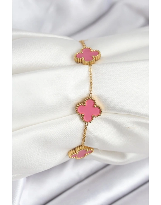 ÇOK SATAN 316L Çelik Gold Zincir Pembe Yonca Renk Bileklik