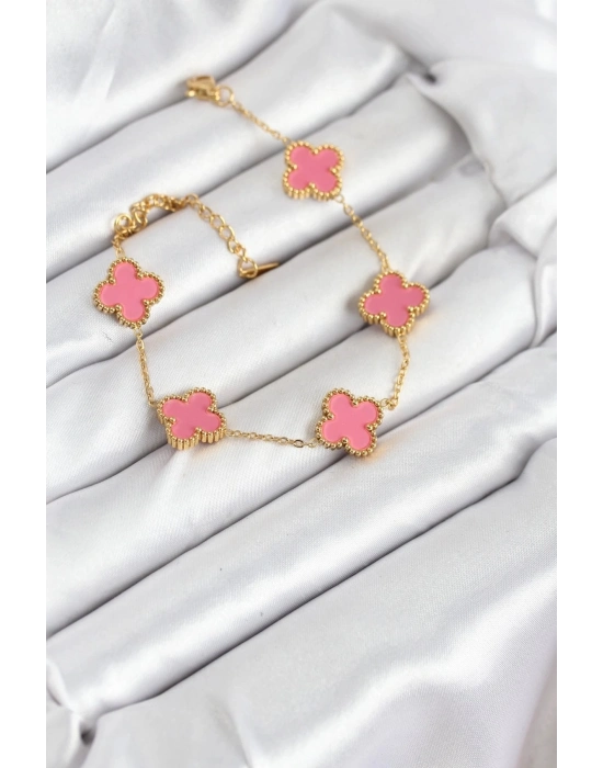 ÇOK SATAN 316L Çelik Gold Zincir Pembe Yonca Renk Bileklik