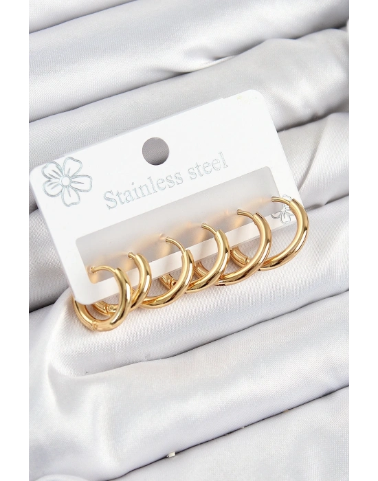 ÇOK SATAN 316L Çelik Halka Model Gold Renk 3lü Set Kadın Küpe