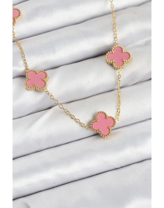 ÇOK SATAN 316L Çelik Zincir Gold Pembe Renk Yonca Kadın Kolye