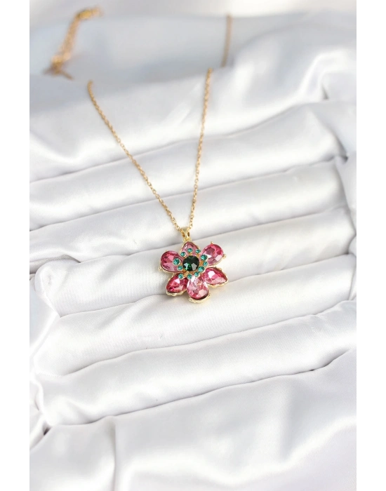 ÇOK SATAN 316L Çelik Zincirli Pembe Çiçek Model Kadın Kolye