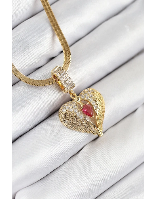 ÇOK SATAN 316L Çelik Zirkon Taşlı Kanatlı Kalp Model Gold Renk Kadın Kolye