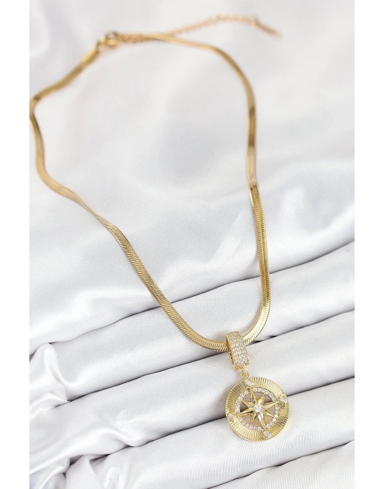 ÇOK SATAN 316L Çelik Zirkon Taşlı Pusula Model Gold Renk Kadın Kolye