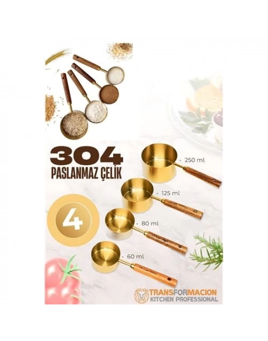 4 lü Ölçü Kabı 304 Paslanmaz Çelik Masif Ahşap Saplı 721744