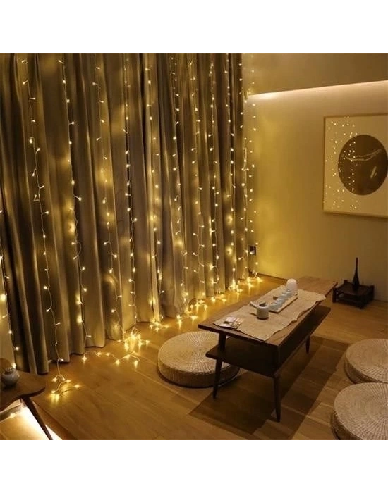 ÇOK SATAN 8 Fonksiyonlu 200 Led 10 Saçak Şerit Led 2x2 Perde İp Led  (Gün Işığı)