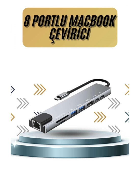 ÇOK SATAN 8 Portlu Macbook Çevirici Type C Hub  SD TF USB Çoğaltıcı Ethernet