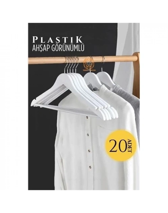 ÇOK SATAN Ahşap Görünüm Plastik Askı 20 ADET Beyaz