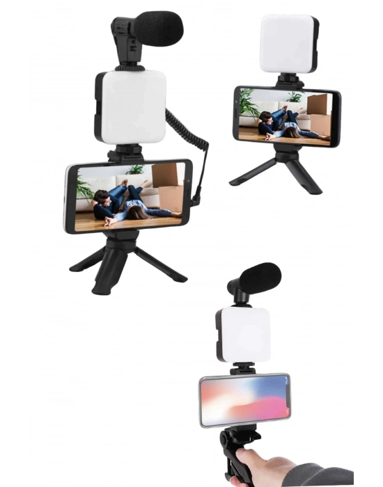 ÇOK SATAN Akıllı Telefon Vlog Kiti Tripod Mini Mikrofonlu Telefon Tutucu