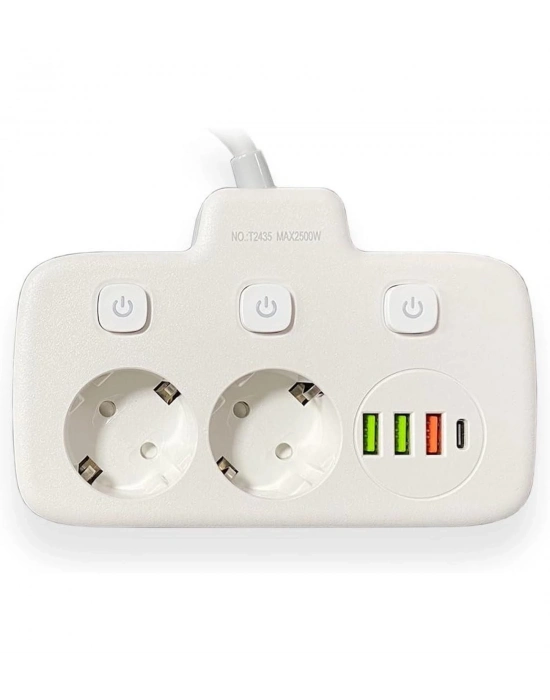 ÇOK SATAN Akım Korumalı 2’li Ayrı Anahtarlı Priz, 2x Priz, 3x Usb, 1x Type-c, 2 Mt Kablo, Hızlı Şarj