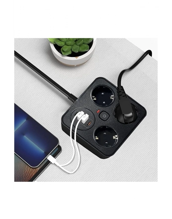 ÇOK SATAN Akım Korumalı Anahtarlı Priz - 3x Priz - 2x Usb - 2x Type-c - 2 Mt Kablo Hızlı Şarj Özellikli Siyah