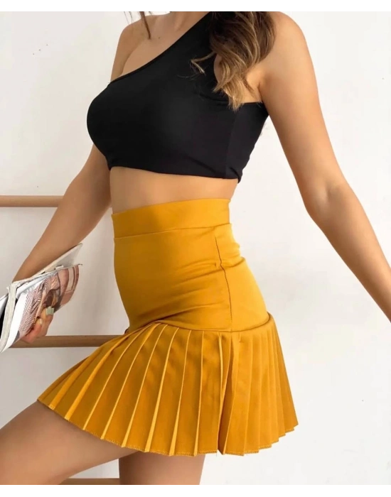 Altı pliseli mini etek hardal s24705