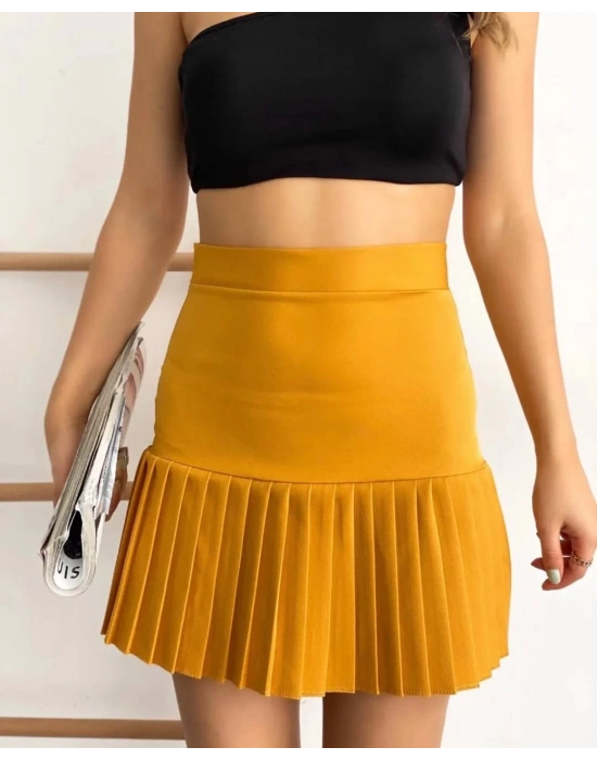 Altı pliseli mini etek hardal s24705