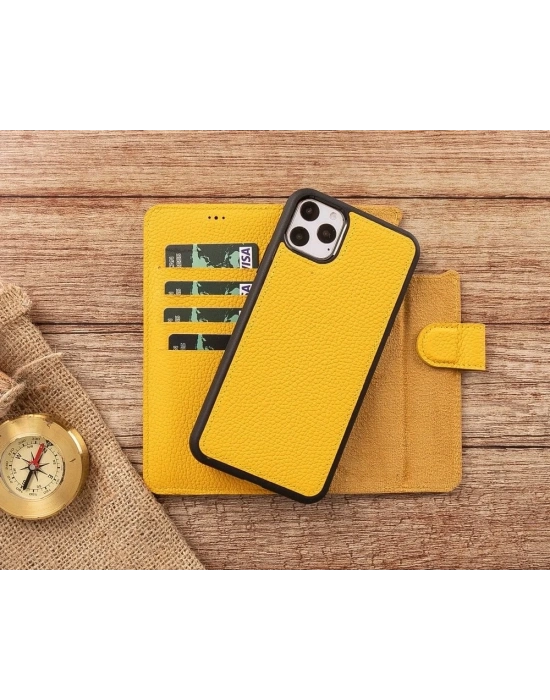 ÇOK SATAN Apple iPhone 11 Pro Max Uyumlu Deri Cüzdanlı Kılıf FL12 Sarı