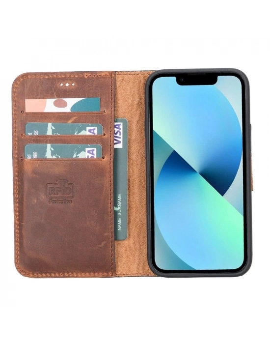ÇOK SATAN Apple iPhone 12 mini Uyumlu Deri Cüzdanlı Kılıf G2 Antik Kahve