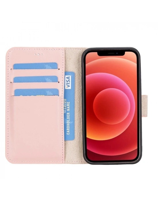 ÇOK SATAN Apple iPhone 12 mini Uyumlu Deri Cüzdanlı Kılıf NU2 Pembe
