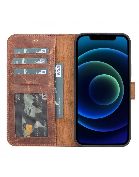 ÇOK SATAN Apple iPhone 12 Pro Max Uyumlu Deri Cüzdanlı Kılıf Antik Kahve