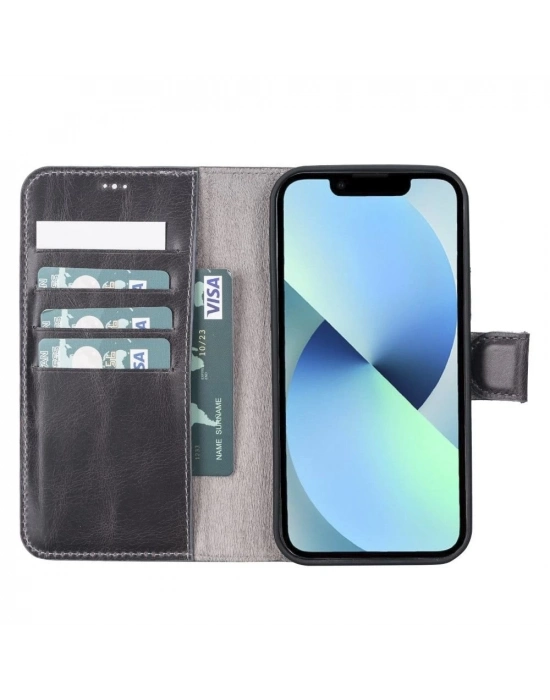 ÇOK SATAN Apple iPhone 12 Pro Uyumlu Deri Cüzdanlı Kılıf VS4EF Gri