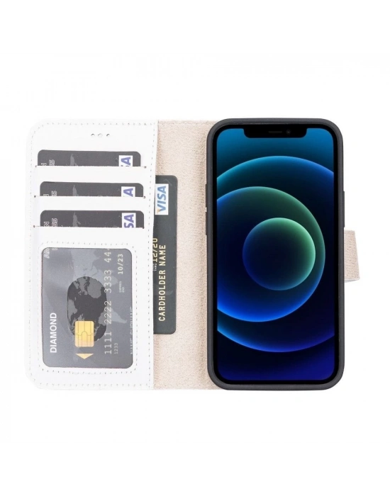 ÇOK SATAN Apple iPhone 13 Mini Uyumlu Deri Cüzdanlı Kılıf F3 Beyaz