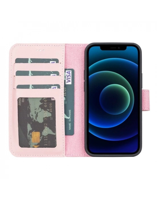 ÇOK SATAN Apple iPhone 13 Mini Uyumlu Deri Cüzdanlı Kılıf NU2 Pembe