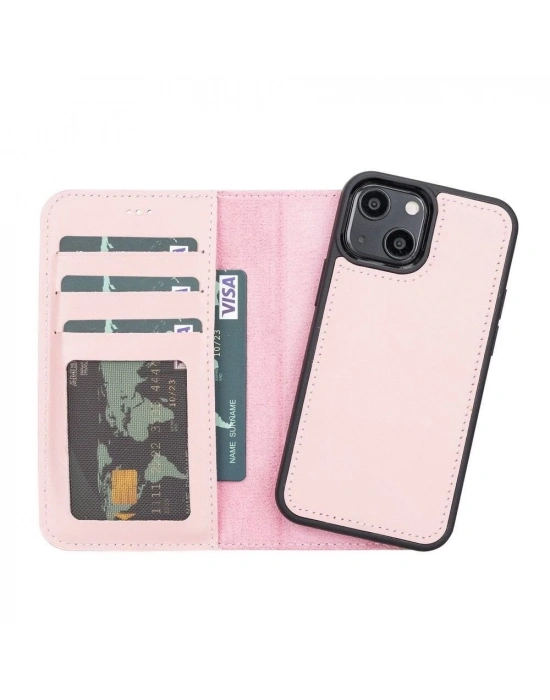 ÇOK SATAN Apple iPhone 13 Mini Uyumlu Deri Cüzdanlı Kılıf NU2 Pembe